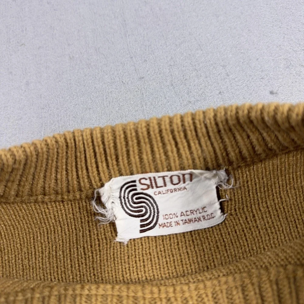 Vintage Silton Sweater Mens Medium Brown Tan Stripe Crewneck Knit Retro 80s‎